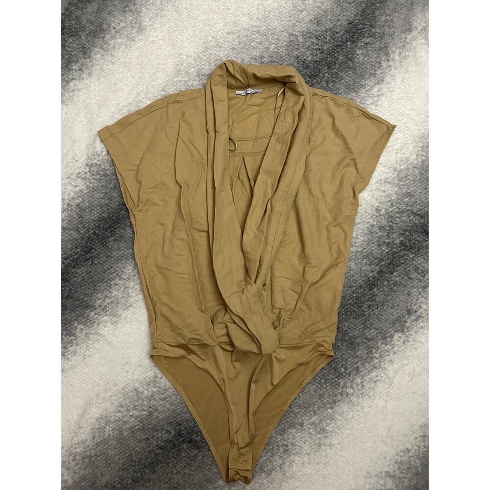 Zara Surplice Plunging Wrap Beige Bodysuit Blouse Size Medium Casual Business - Picture 5 of 15